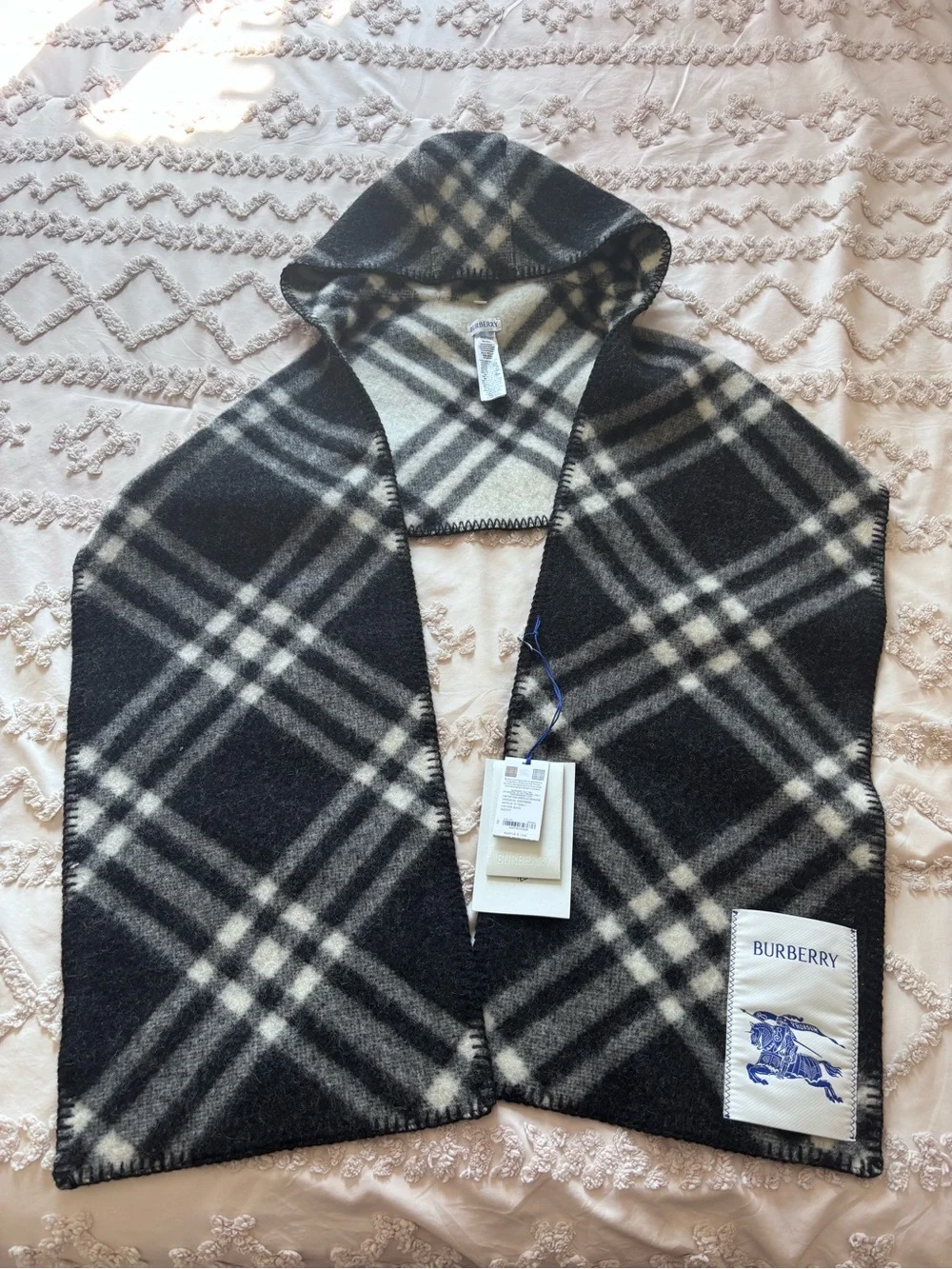 Authentic Burberry Black and White Plaid Hooded Scarf
